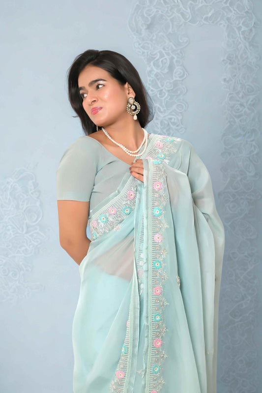 Semi Organza Zardozi Resham And Zari Work Saree - Very Light Bluish Green - Taani