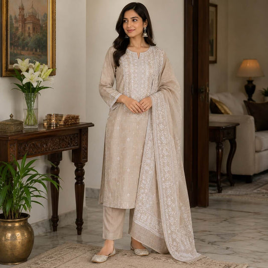 Moonga Silk Chikankari Women Unstitched Kurta Dupatta - Rich Fawn