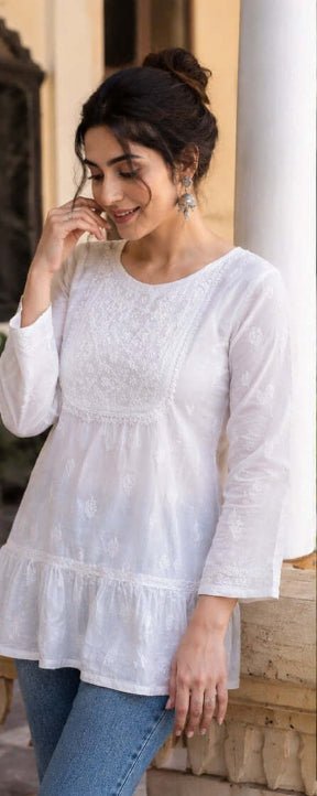 Muslin Chikankari Women Stitched Short Kurti - Off White - Taani