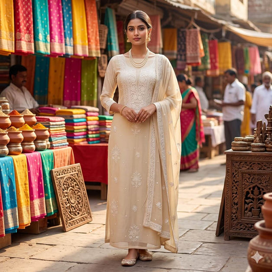 Pure Chanderi Chikankari And Zaridozi Women’s Unstitched Suit Set - Beige Yellow Ombre - Taani