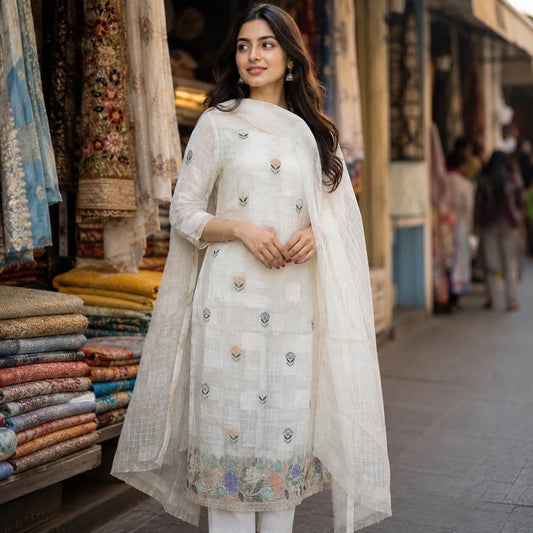 Pure Tissue Chikankari Shadow & Zardozi Pearl Work Unstitched Kurta Dupatta – Off White - Taani