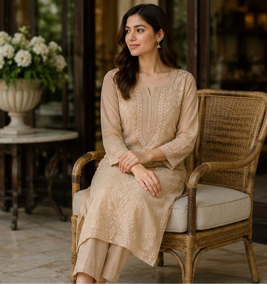 Semi Georgette 3D Chikankari Women Stitched Kurta - English Fawn