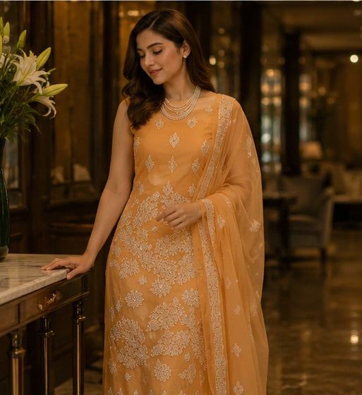 Semi Georgette Chikankari Women's Unstitched Kurta Dupatta - Orange