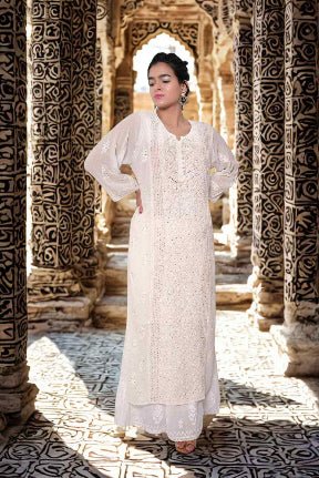 Viscose Chikankari And Zardozi Women's Stitched Kurta - White - Taani