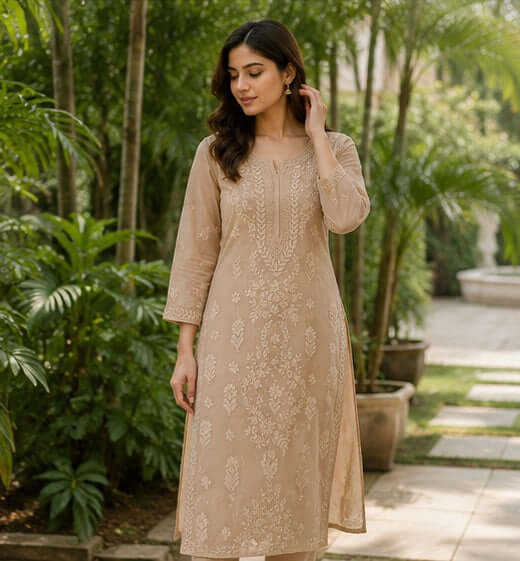 Semi Georgette 3D Chikankari Women Stitched Kurta - English Fawn