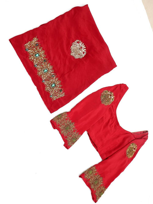 Pure Crepe Heavy Zardozi Embroidered Unstitched Blouse with Green Cuff Accents – Red - Taani