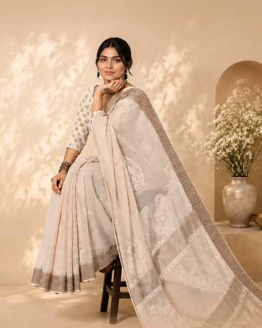 Pure Chanderi Weaved Border Chikankari And Mukesh Work Saree - Light Beige