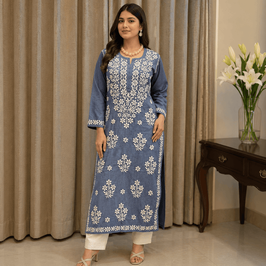 Denim 3D Chikankari Stitched Blue Kurta - Taani