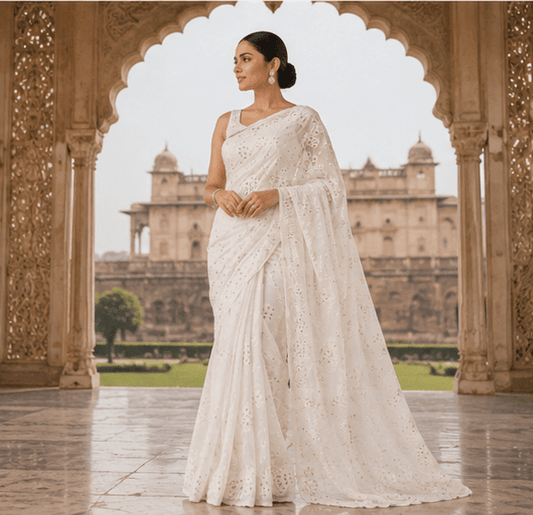 Viscose Chikankari Saree - Off White - Taani