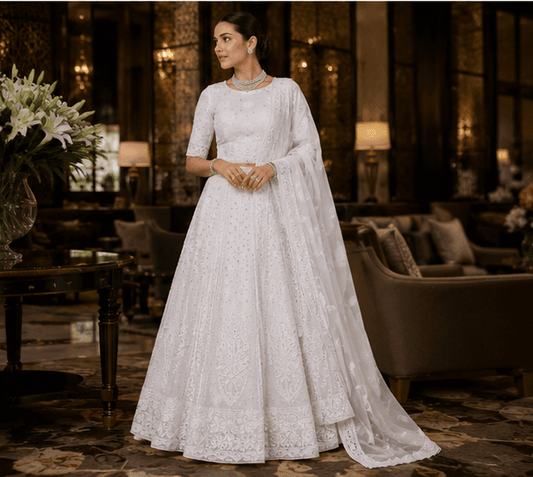 Viscose Heavy Chikankari And Zardozi Work Women's Lehenga - Off-White