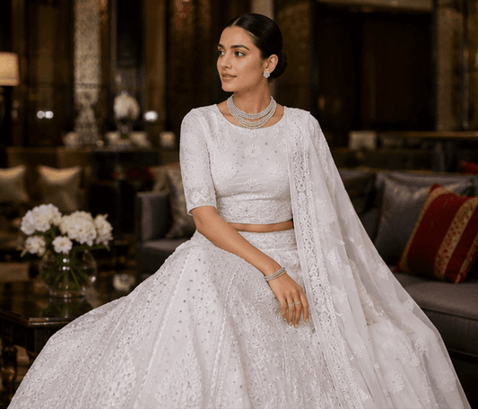 Viscose Heavy Chikankari And Zardozi Work Women's Lehenga - Off-White