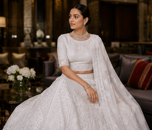 Viscose Heavy Chikankari And Zardozi Work Women's Lehenga - Off-White