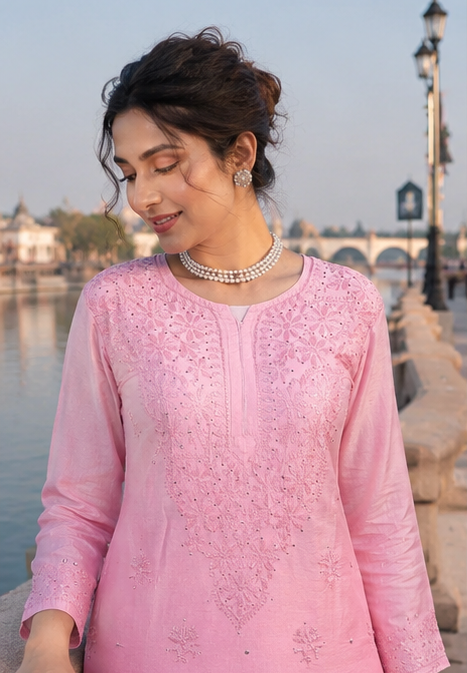 Stitched Semi-Chanderi Chikankari Women's Kurta with Mukesh Work - Pink Ombre