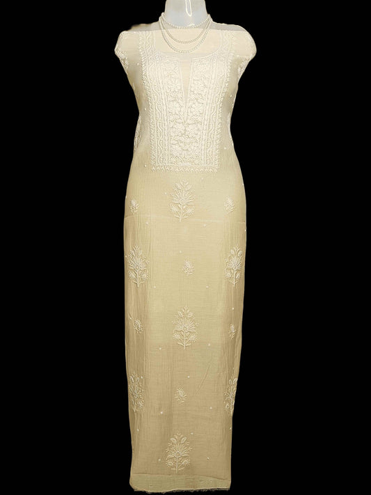 Pure Chanderi Chikankari And Zaridozi Women’s Unstitched Suit Set - Beige Yellow Ombre - Taani