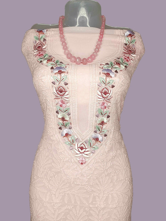 Georgette Chikankari And Parsi Work Women's Unstitched Kurta-Dupatta - Light Peach - Taani
