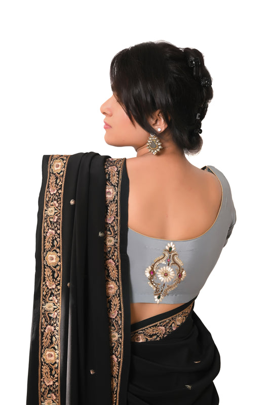 सेमी क्रेप रेशम ज़रदोज़ी वर्क अनस्टिच्ड ब्लाउज़ - ग्रे