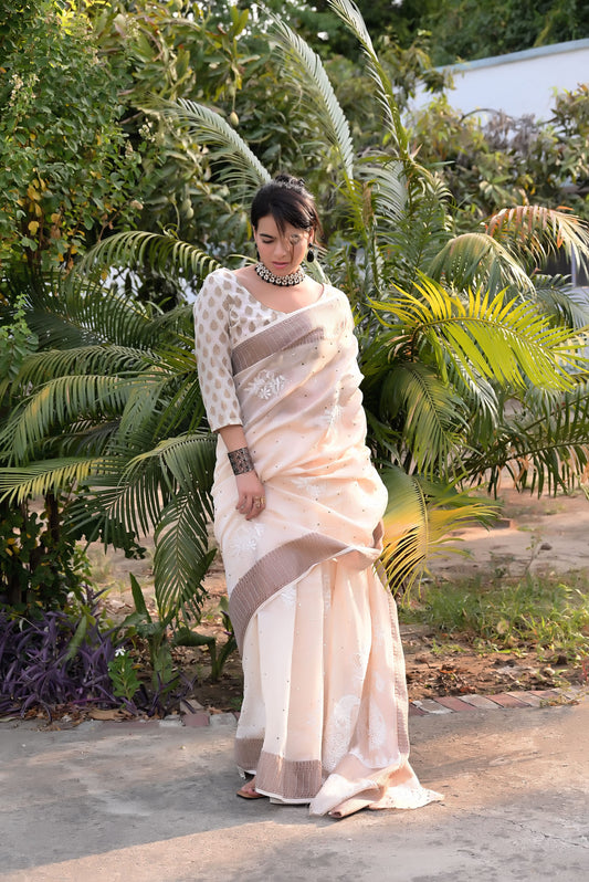 शुद्ध चंदेरी बुनाई बॉर्डर चिकनकारी और मुकेश वर्क साड़ी - हल्का बेज