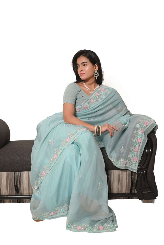 Semi Organza Zardozi Resham And Zari Work Saree - Very Light Bluish Green - Taani