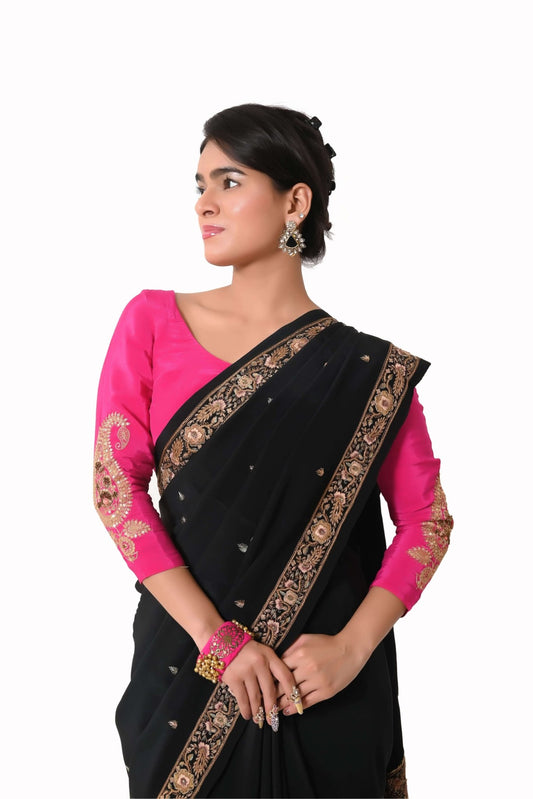 Semi-Crepe Heavy Zardozi Work Unstitched Blouse - Magenta - Taani