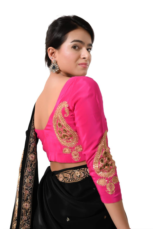 सेमी-क्रेप हैवी ज़रदोज़ी वर्क अनस्टिच्ड ब्लाउज़ - मैजेंटा