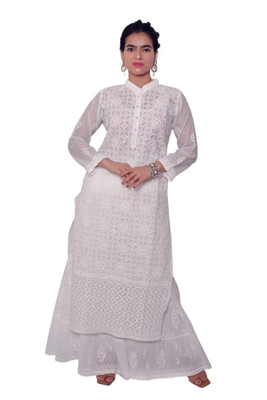 कोटा चिकनकारी महिलाओं के लिए सिला हुआ कुर्ता - ऑफ व्हाइट