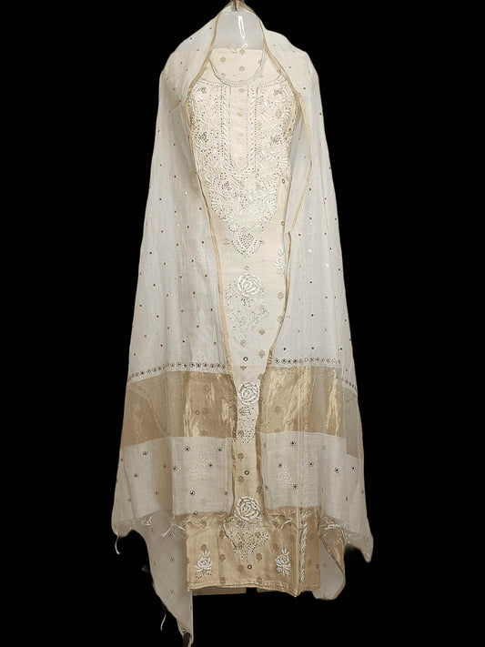 Banarasi Silk Chikankari Women’s Unstitched Kurta Dupatta - Golden Beige - Taani
