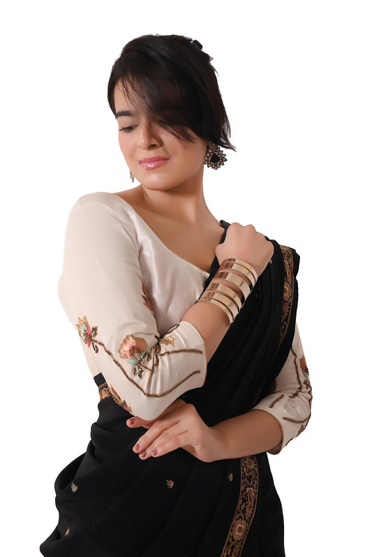 रेशमी कॉटन रेशम ज़रदोज़ी वर्क अनस्टिच्ड ब्लाउज़ - ऑफ़-व्हाइट