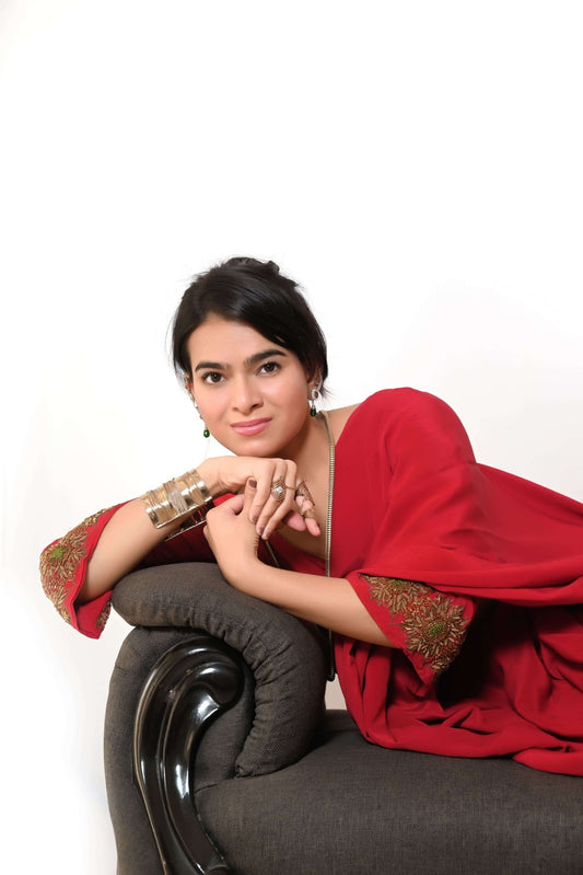 Pure Crepe Zardozi Work Saree with Blouse - Red - Taani