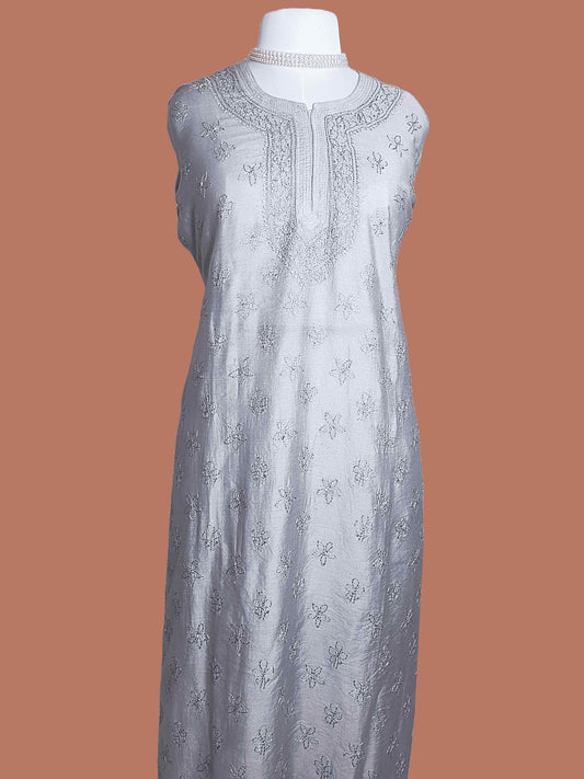 Semi-Chanderi Chikankari Women's Stitched Kurta with Side Slit - Grey - Taani