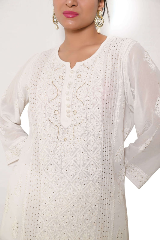Viscose Chikankari And Zardozi Women's Stitched Kurta - White - Taani