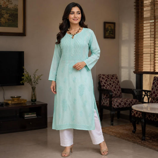 Muslin Chikankari Women Stitched Kurta - Green - Taani
