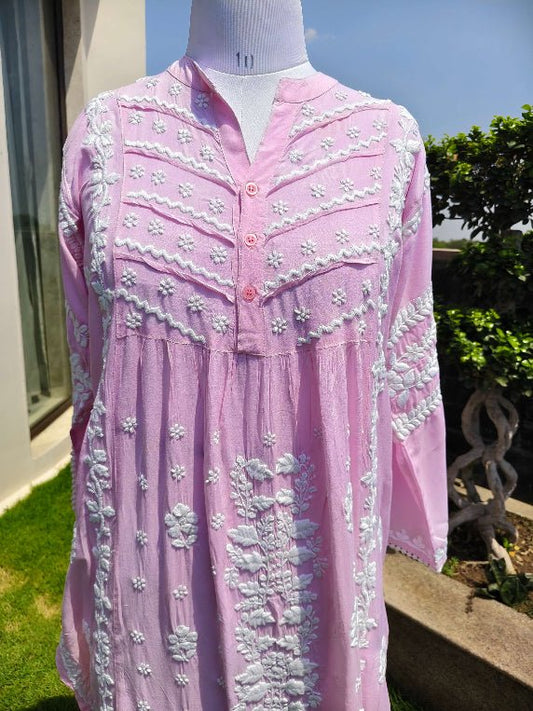 Stitched Modal Chikankari Kurta-Pink - Taani