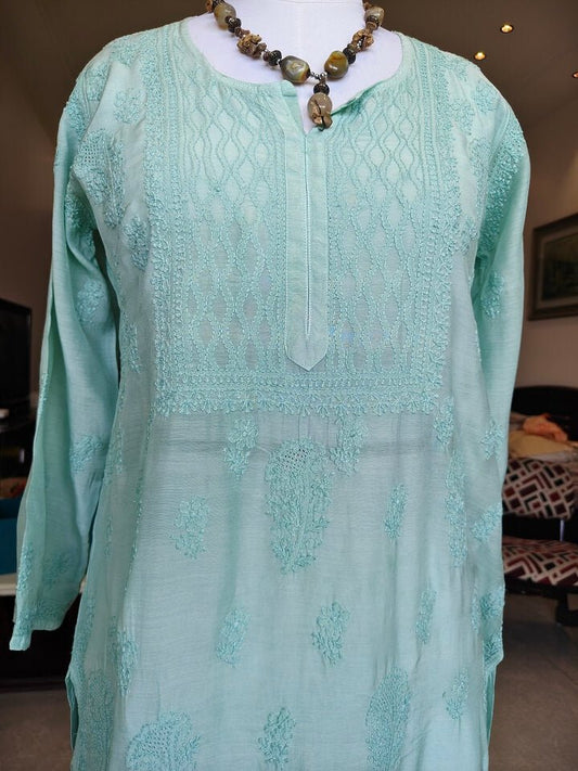 Muslin Chikankari Women Stitched Kurta - Green - Taani