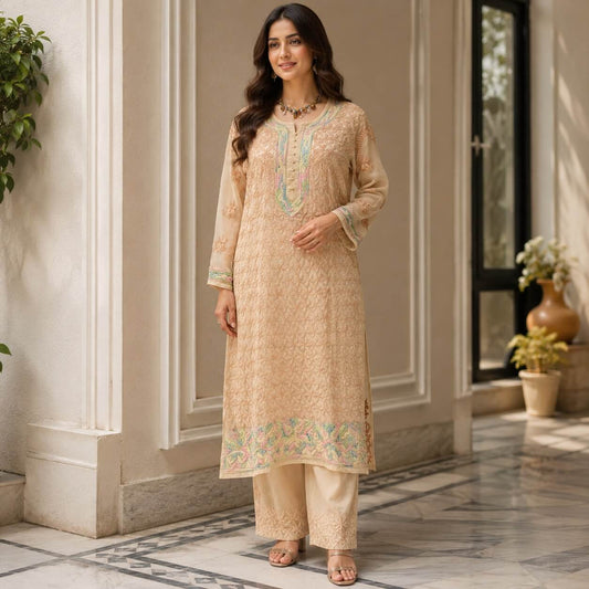 Stitched Georgette Kurta-Beige - Taani