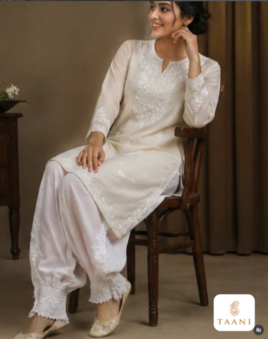 Pure Cotton Afghani Chikankari Bottom with Cotton Lace Detailing - White