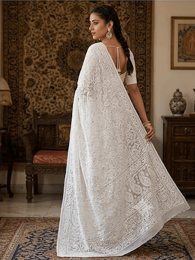 Viscose Mukaish & Chikankari Work Saree – Off White