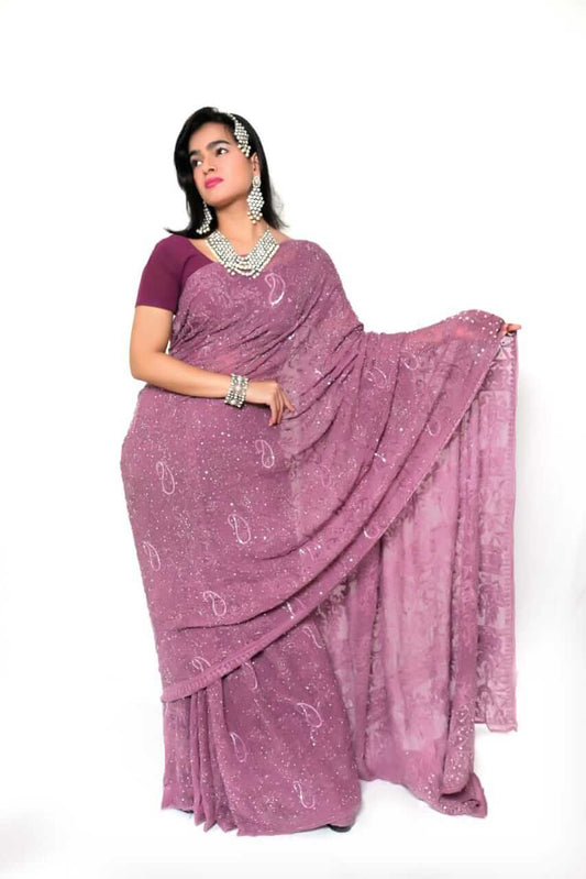 Pure Georgette Chikankari & Zardozi Embroidered Saree – Wine