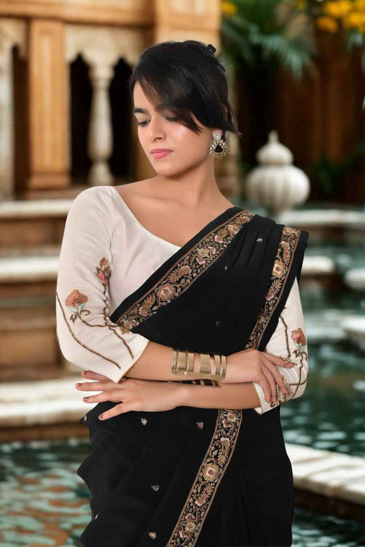 रेशमी कॉटन रेशम ज़रदोज़ी वर्क अनस्टिच्ड ब्लाउज़ - ऑफ़-व्हाइट