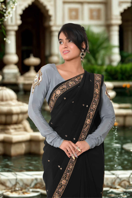 सेमी क्रेप रेशम ज़रदोज़ी वर्क अनस्टिच्ड ब्लाउज़ - ग्रे