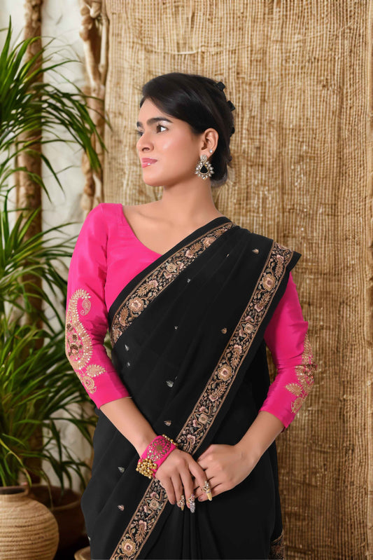 सेमी-क्रेप हैवी ज़रदोज़ी वर्क अनस्टिच्ड ब्लाउज़ - मैजेंटा