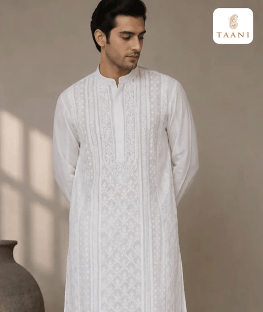 Cotton Chikankari Applique Work Men Stitched Kurta - Off White