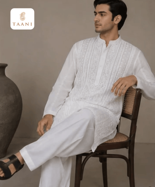 Cotton Chikankari Applique Work Men Stitched Kurta - Off White
