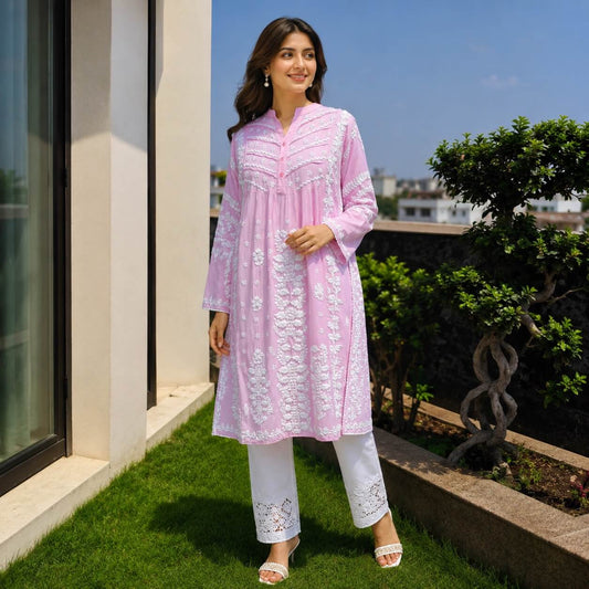 Stitched Modal Chikankari Kurta-Pink - Taani