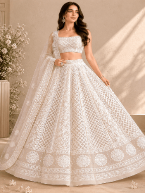 Viscose Heavy Chikankari & Zardozi Embroidered Lehenga Set – Off White - Taani