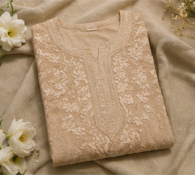 Semi Georgette 3D Chikankari Women Stitched Kurta - English Fawn