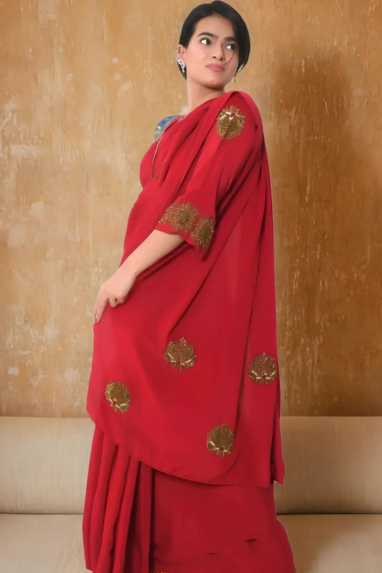 Pure Crepe Zardozi Work Saree with Blouse - Red