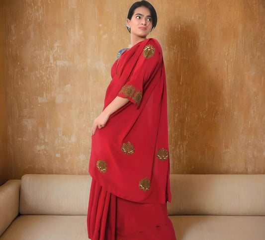 Pure Crepe Zardozi Work Saree with Blouse - Red