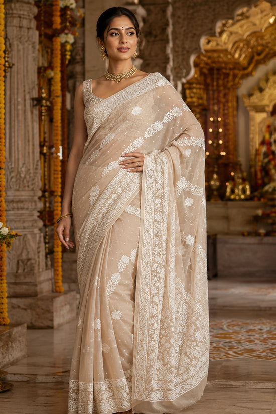Viscose Chikankari & Zardozi Chadi Work Saree with Embroidered Blouse – Off White