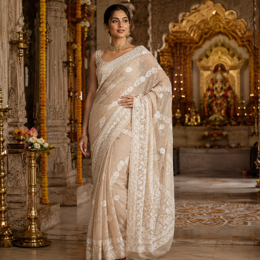 Viscose Chikankari & Zardozi Chadi Work Saree with Embroidered Blouse – Off White