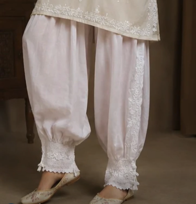 Pure Cotton Afghani Chikankari Bottom with Cotton Lace Detailing - White